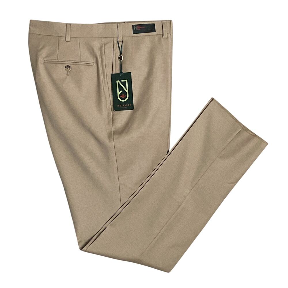 Ted Baker London Joey Pant Men's 42R Wool Dress Pant Solid Tan Raw Hem NEW
